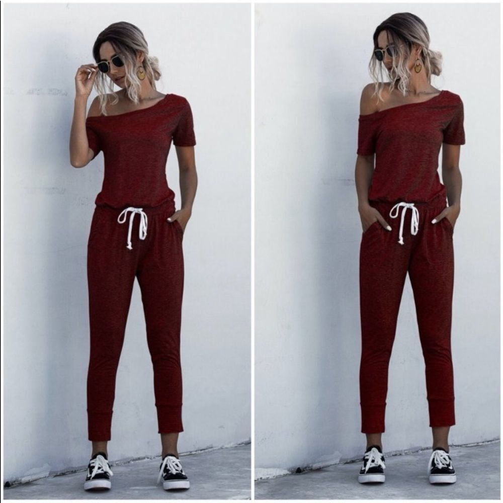 LAST ONE! Wine Off The Shoulder Jumpsuit